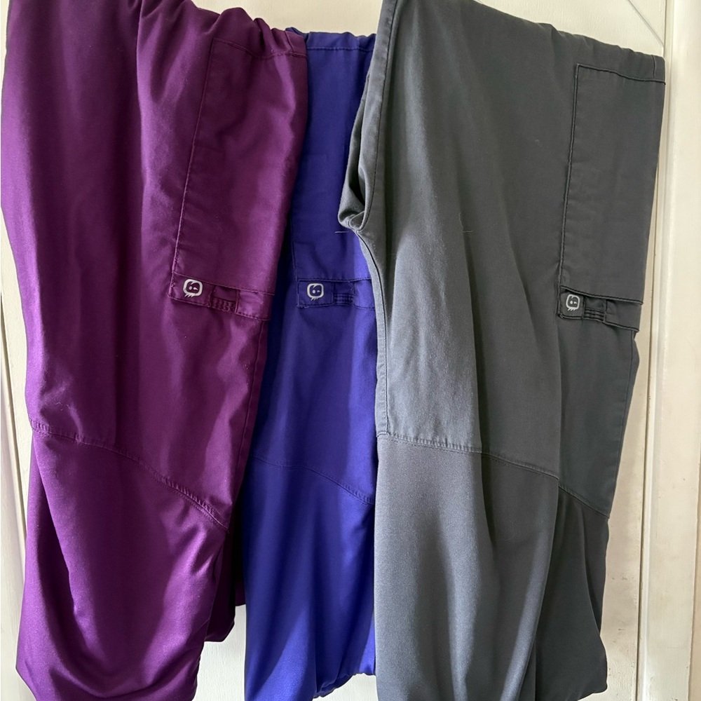 3 pairs of WonderWink Women's Classic Fit Scrub Pants Maternity purple/gray